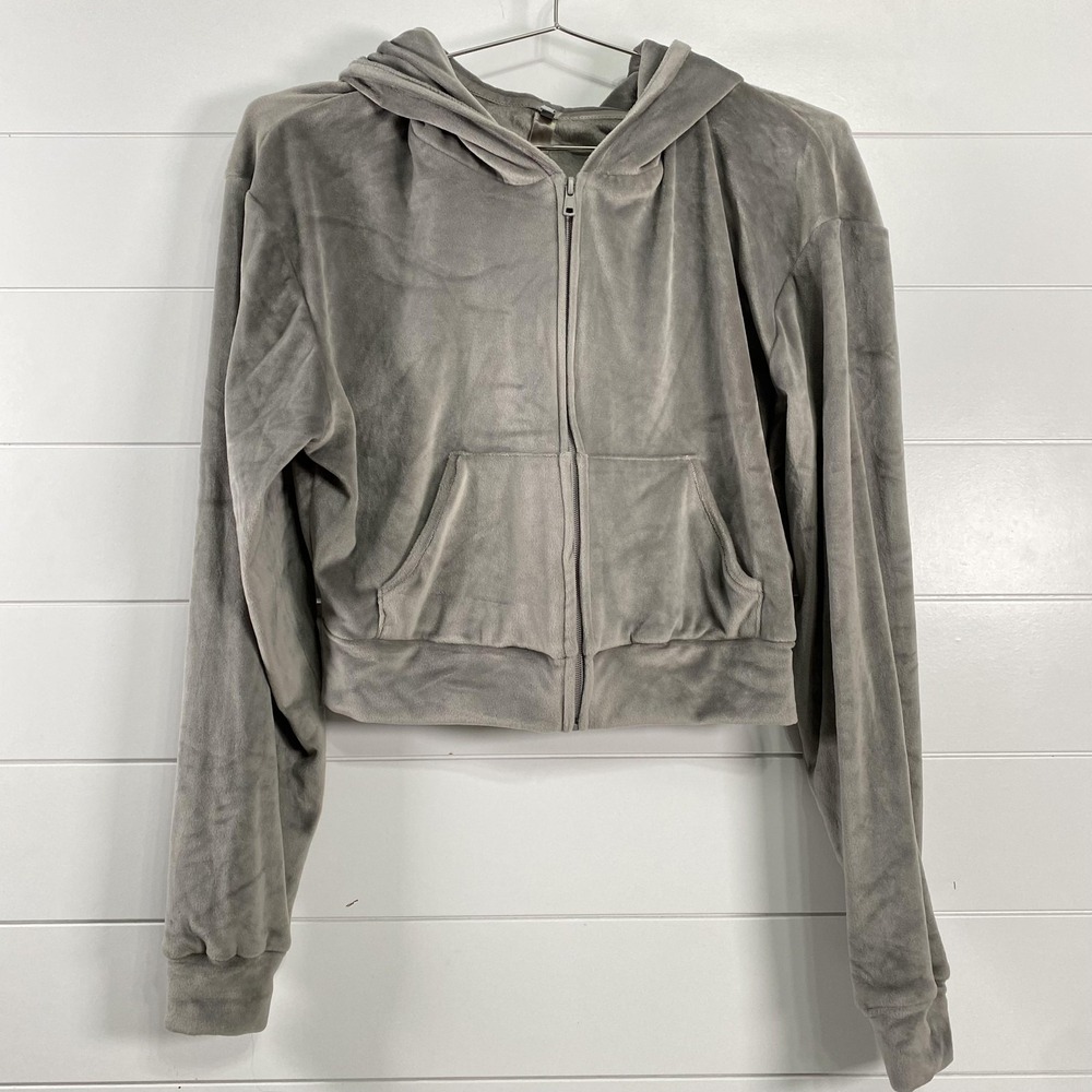 Skims Velour Hoodie Womens Large Gray Zip Front Cropped Soft Plush‎ Jacket Cozy